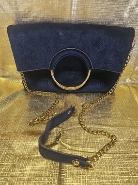 Navy Blue Suede Crossbody Bag with Gold Ring Accent